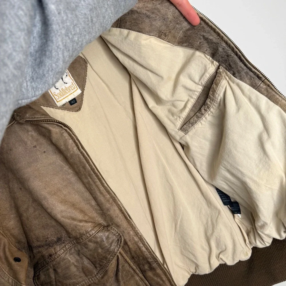 AA Vintage Saddlebred Leather Bike Brown Bomber Knife Pockets‎ Jacket